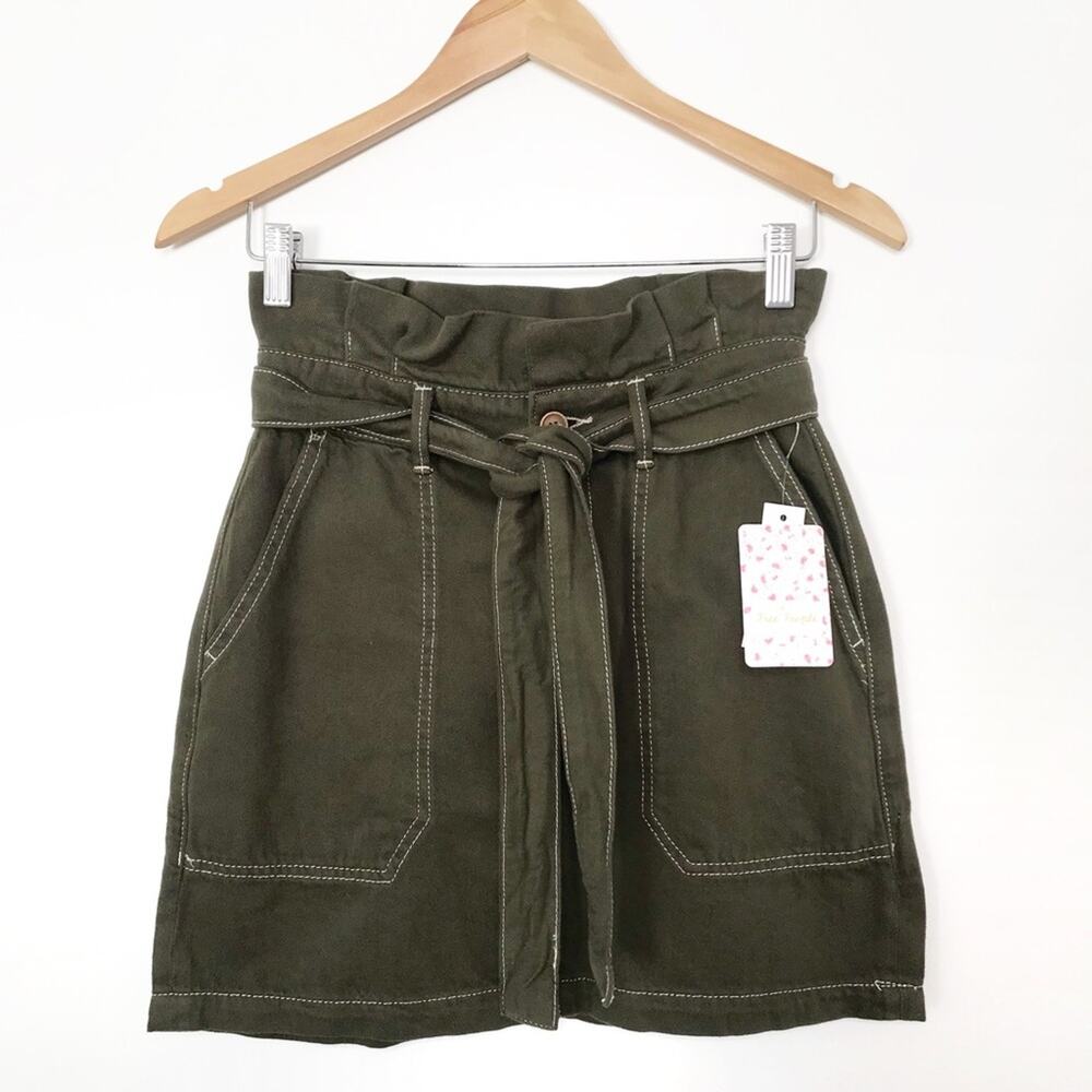 NWT Free People Splendor In The Grass Skirt Green Paper Bag Waist Boho Size 2 - Picture 2 of 9